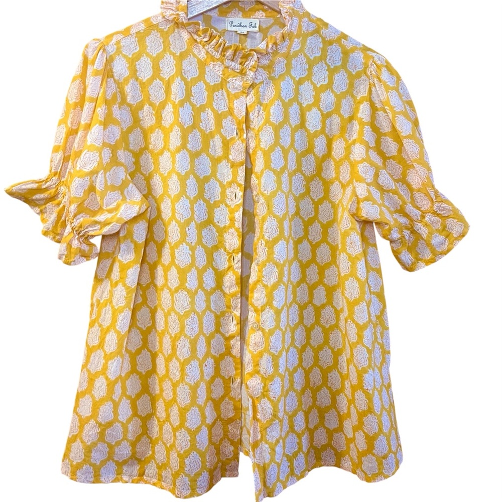 Paridhan Fab Yellow/ White Block Printed Button Down Blouse Ruffled Sleeve Sz M
